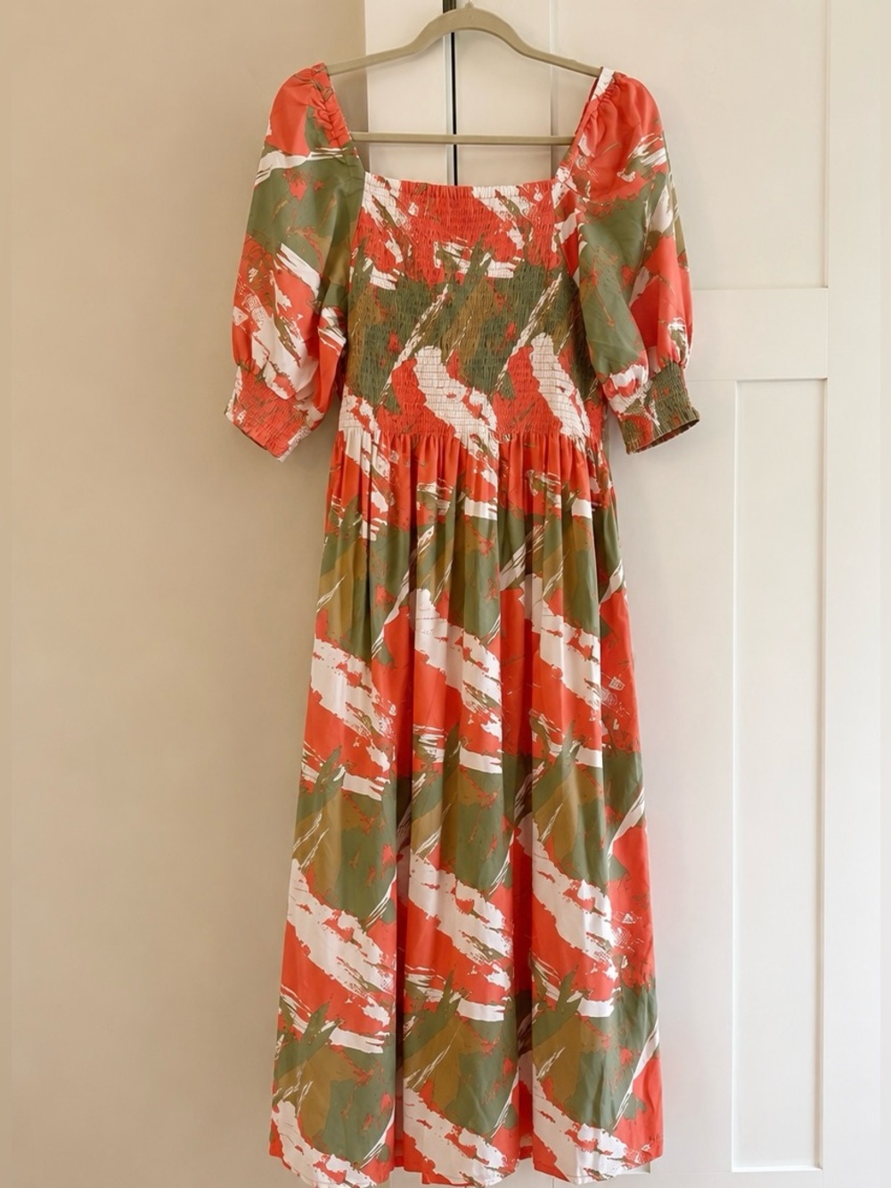 Ashley Stewart Linen/Cotton Smocked Puff Sleeve Square Neck Dress 14/16 XL NWOT